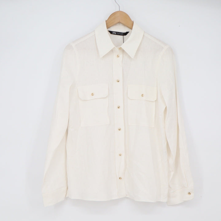 Zara Linen Shirt Womens S 2865/709/250 Off-White Button-Down Pocket NEW
