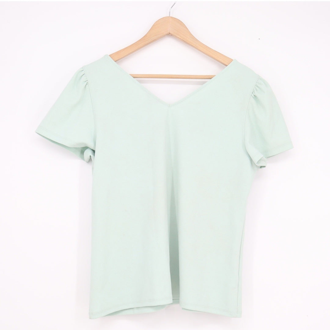 Ann Taylor Petite Mint Green V-Neck Puff Short Sleeve Blouse Top LP