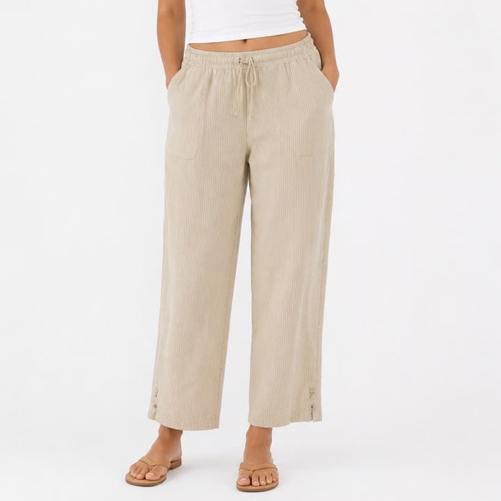 Rebecca Malone Tan White Striped Seersucker Capri Pants Large Drawstring Crop