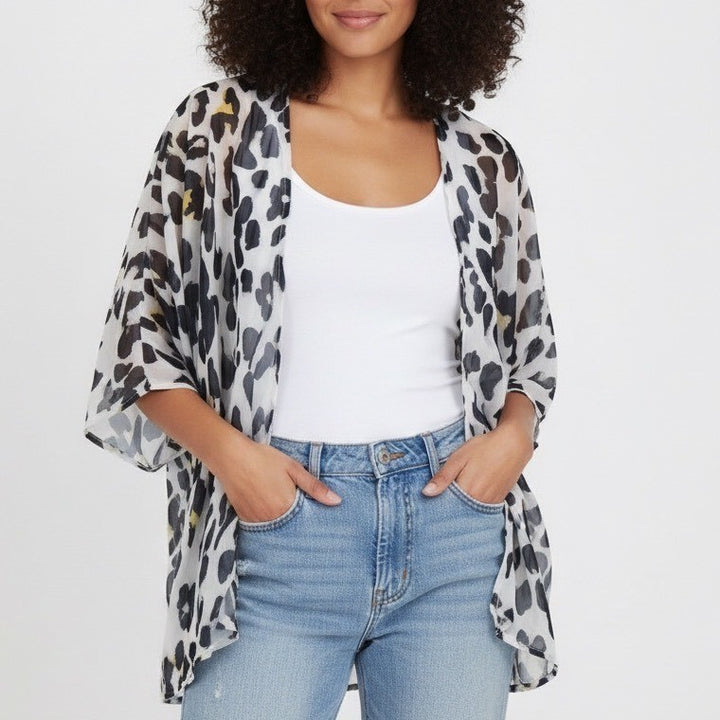 Kimono Cardigan Womens White Black Leopard Print Sheer Open Front Long Sleeve
