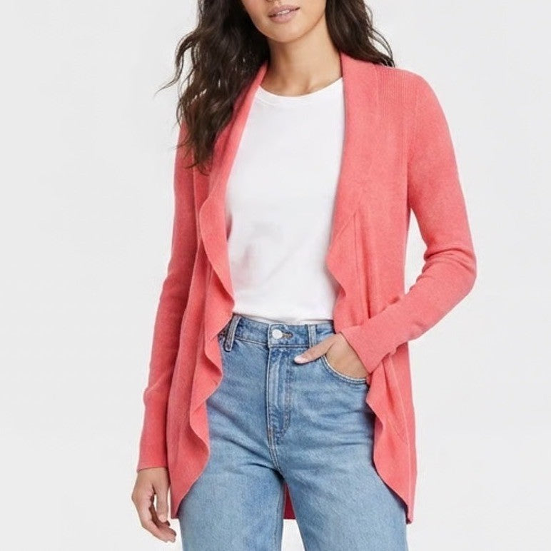 A New Day Womens Coral Pink Ribbed Open Front Cardigan Sweater Size M