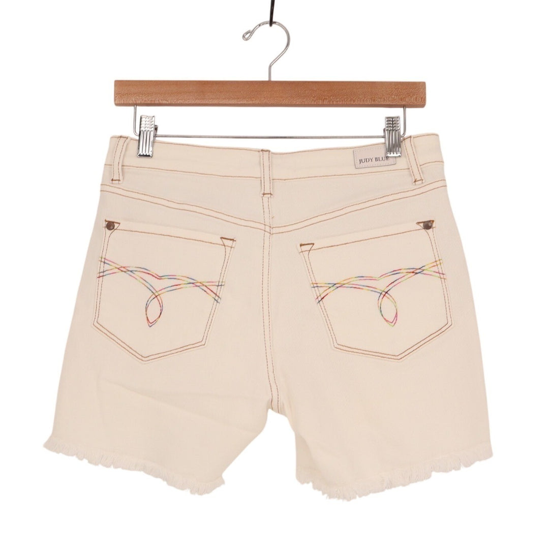 Judy Blue Los Angeles Shorts Womens M White Denim Rainbow Stitching Frayed Hem