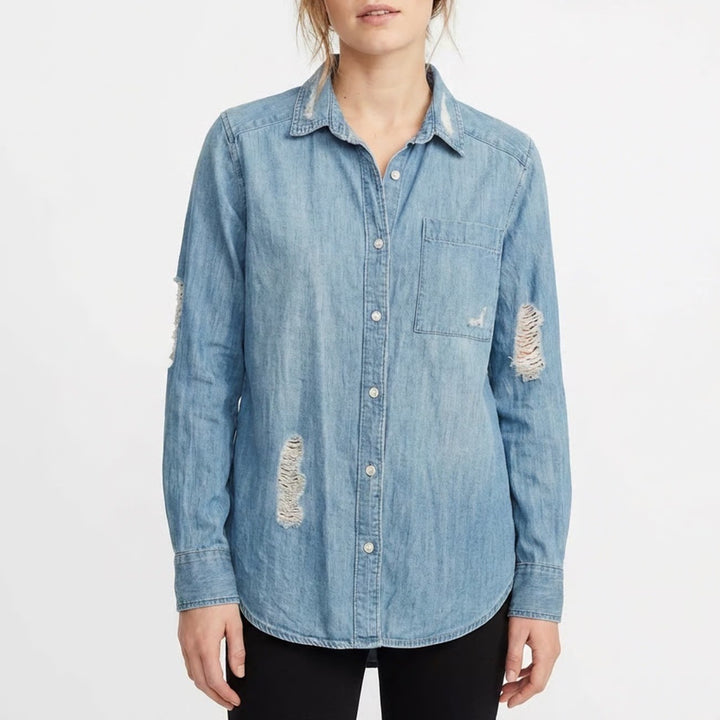 Mossimo Supply Co. Shirt Women Medium Blue Denim Cotton Boyfriend Fit Distressed