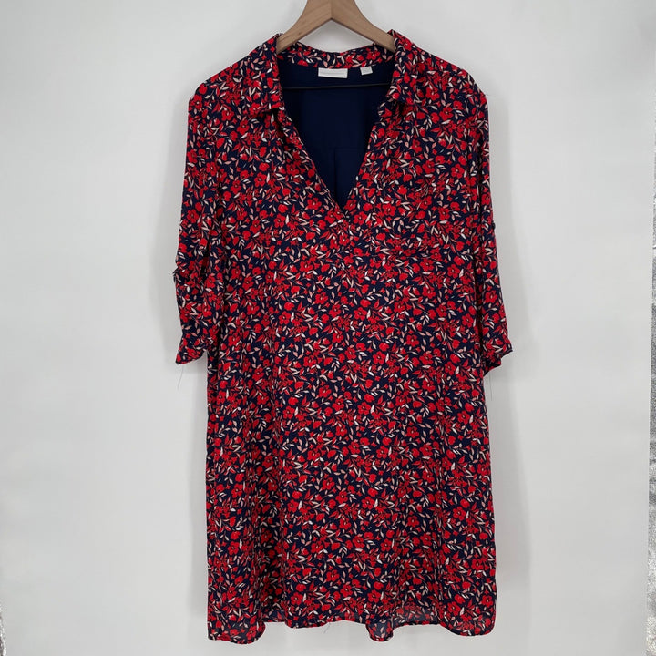 New York Company Floral Print Shirt Dress Navy Red XL Roll Tab Sleeve
