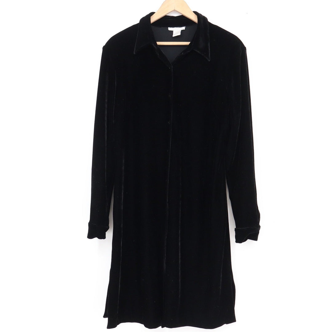 Annie Alexander Black Velvet Button Front Shirt Dress Long Sleeve Medium
