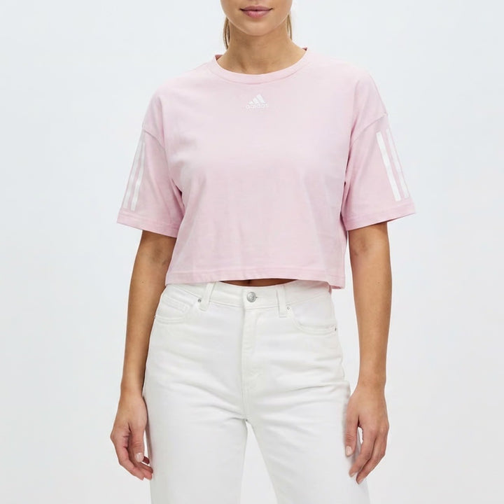 Adidas Womens Pink Open Back Cutout Cropped T-Shirt 3-Stripe Short Sleeve XS
