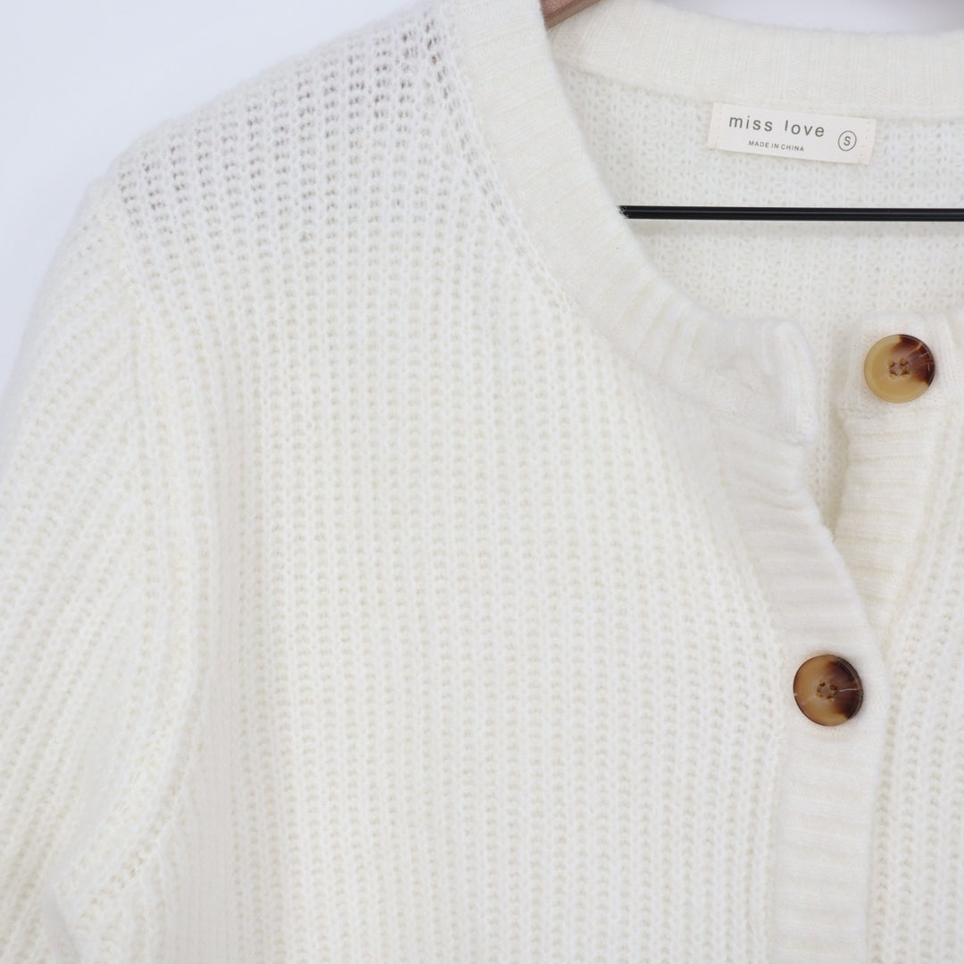 Miss Love Cardigan Crop Sweater Womens S White Waffle Knit Stretch Short Sleeve