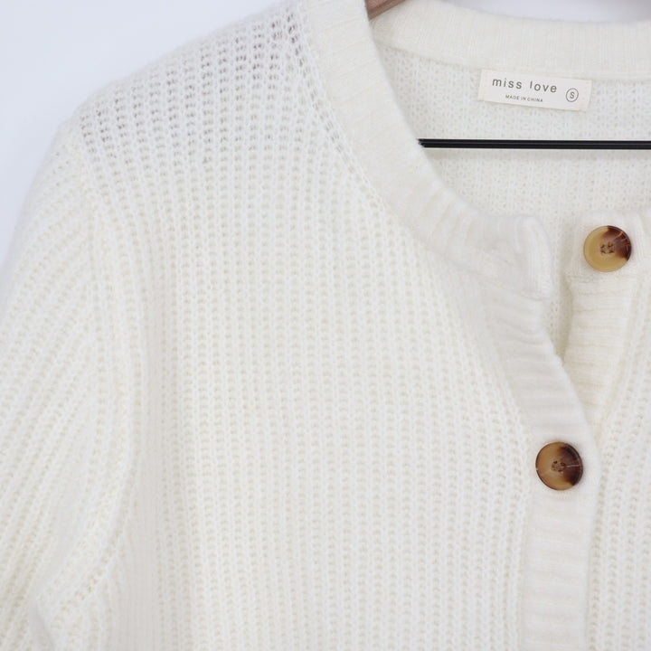 Miss Love Cardigan Crop Sweater Womens S White Waffle Knit Stretch Short Sleeve