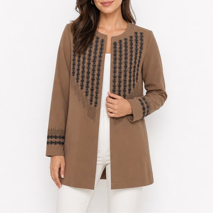 Armaghan Tan Heart Embroidered Open Front Duster Jacket Brown Womens Medium