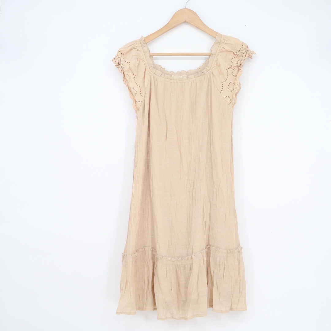 Indigo Rose Beige Eyelet Lace Cap Sleeve Ruffle Hem Boho Mini Dress Womens