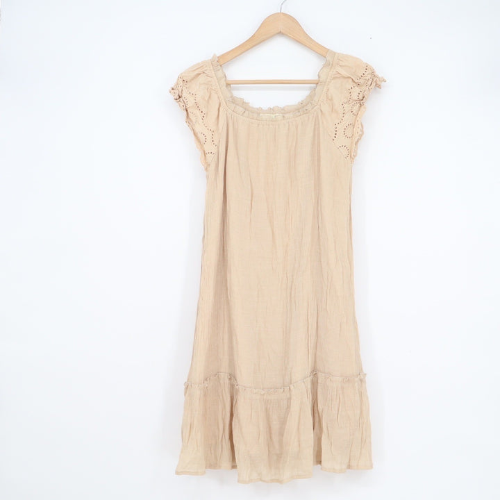 Indigo Rose Beige Eyelet Lace Cap Sleeve Ruffle Hem Boho Mini Dress Womens