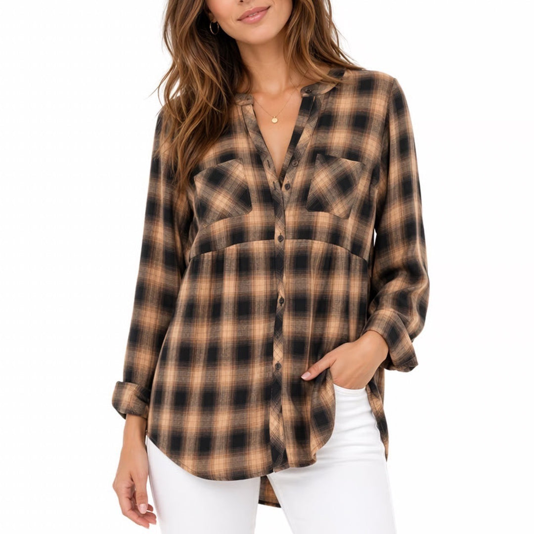 Torrid Emma Babydoll Crinkle Gauze Tunic Top Womens 0 Brown Plaid Long Sleeve