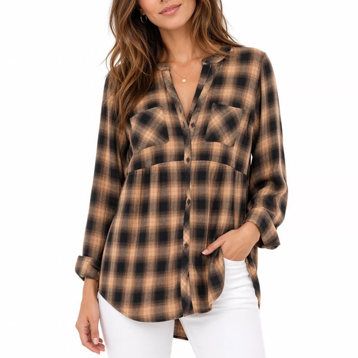 Torrid Emma Babydoll Crinkle Gauze Tunic Top Womens 0 Brown Plaid Long Sleeve