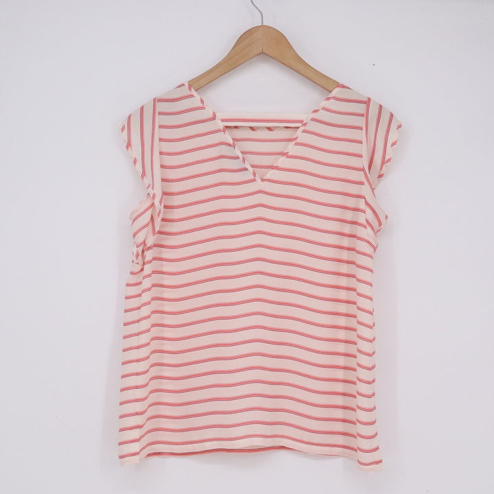 LOFT Petites Pink Orange Striped Flutter Sleeve V-Neck Blouse SP