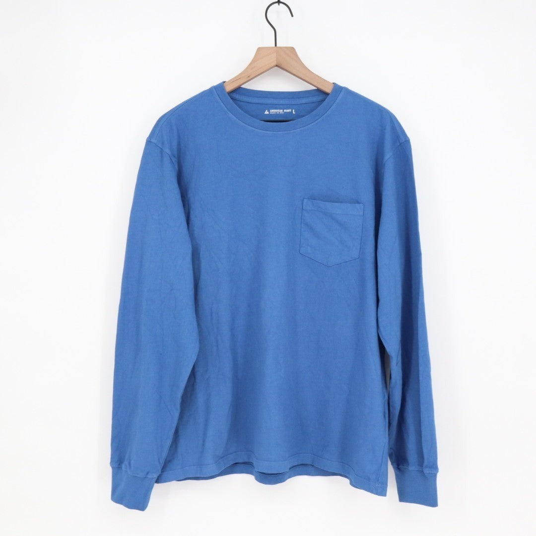 American Giant T-Shirt Mens Large Blue Cotton Front Pocket Long Sleeve Crew Neck