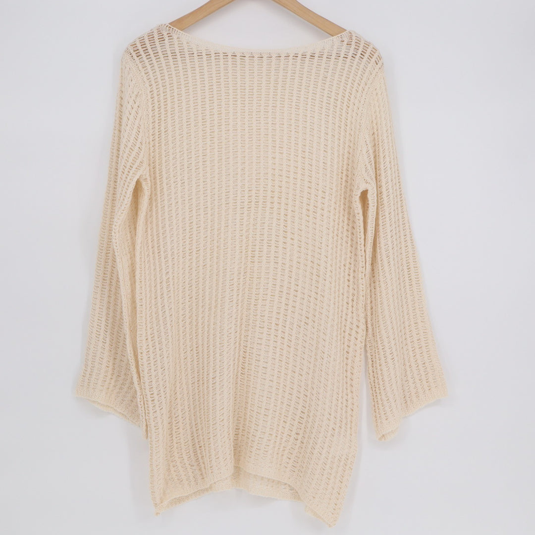 Sweater Dress Womens Medium Beige Crochet Knit Boat Neck Long Sleeve Pullover