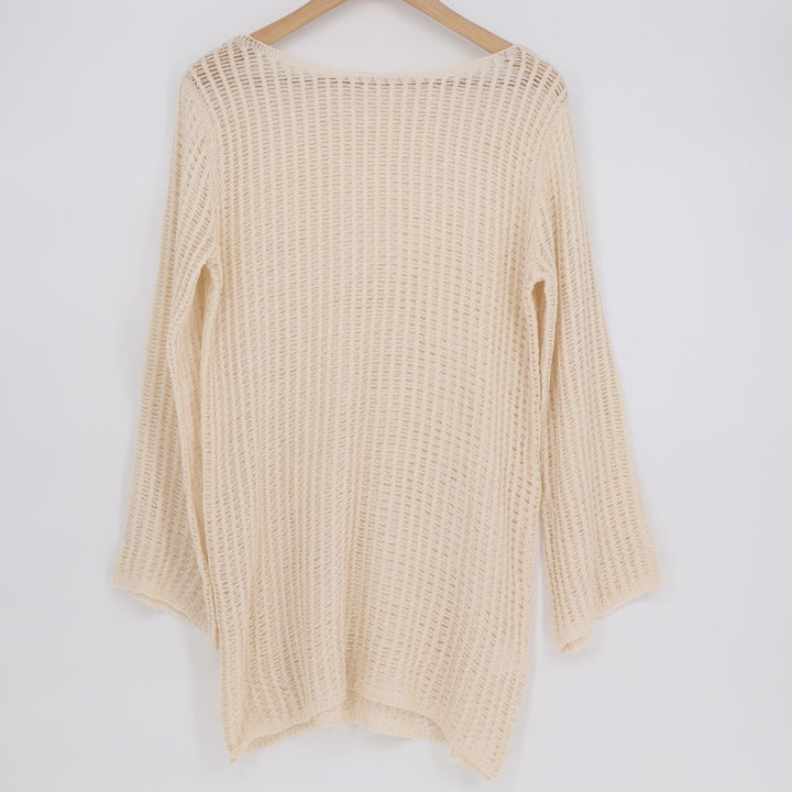 Sweater Dress Womens Medium Beige Crochet Knit Boat Neck Long Sleeve Pullover