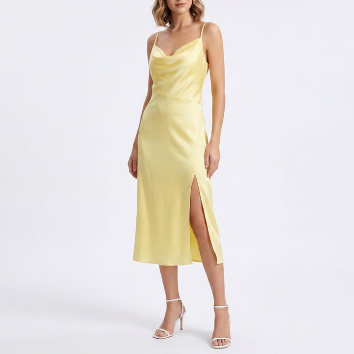 Yellow Cowl Neck Wrap Midi Dress Sleeveless Adjustable Straps Size L