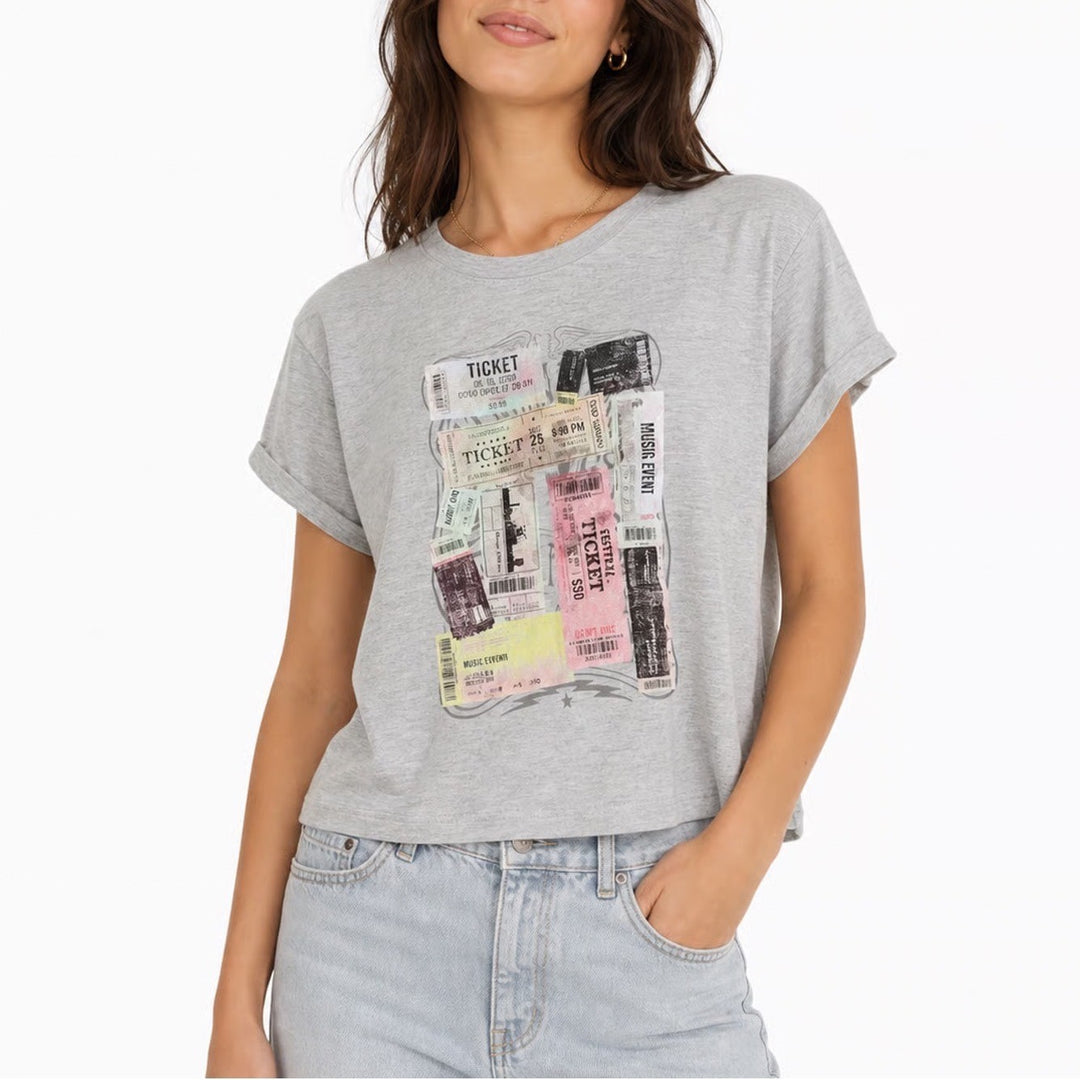Jessica Simpson Womens Heather Gray Ticket Stub Graphic T-Shirt L