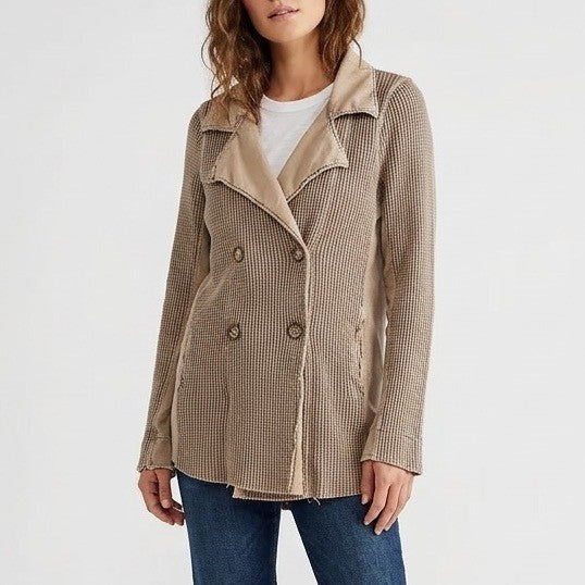 Free People FP One Jacket Women S Beige Waffle Knit Double-Breasted Button Front