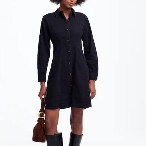 Madewell Seamed Mini Shirt Dress Womens 8 Black Cotton Long Sleeve Spread Collar