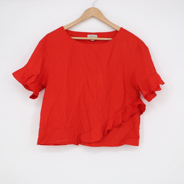 Calvin Klein Jeans Womens Red Ruffle Asymmetrical Short Sleeve Cotton Blouse M