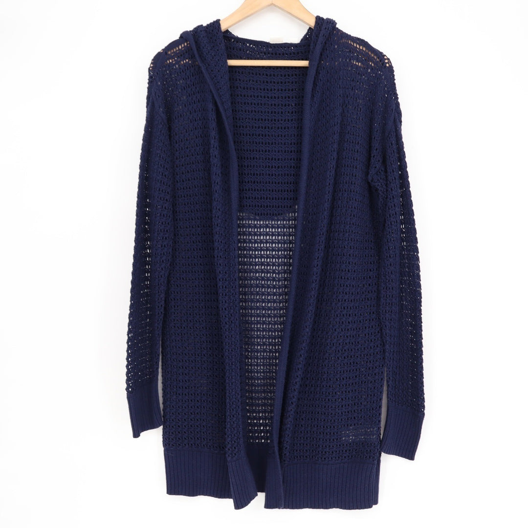 GAP Navy Blue Open Knit Hooded Cardigan Sweater Longline Cotton Womens Medium