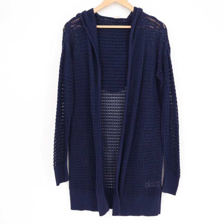 GAP Navy Blue Open Knit Hooded Cardigan Sweater Longline Cotton Womens Medium