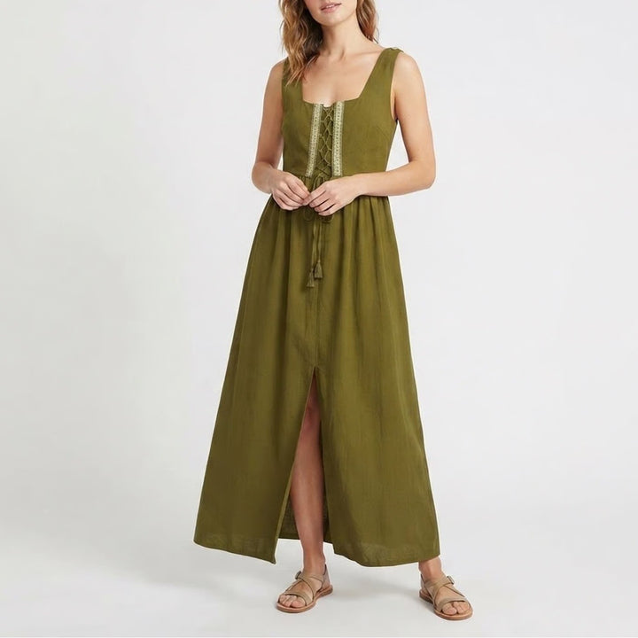 Reminisce Olive Green Renaissance Maxi Dress Lace Up Boho L/XL
