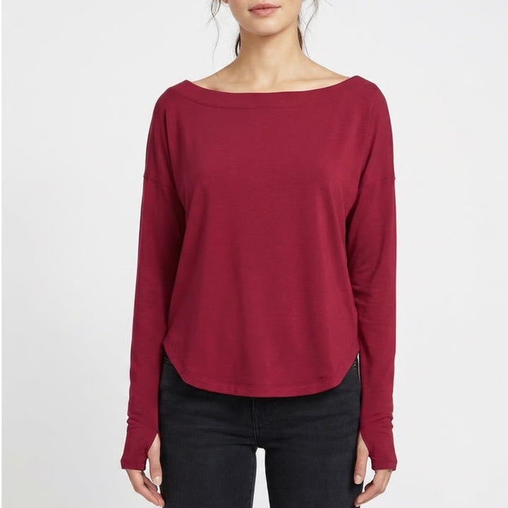 Halara T-Shirt Womens Size M Red One Shoulder Long Sleeve Thumb Hole Curved Hem