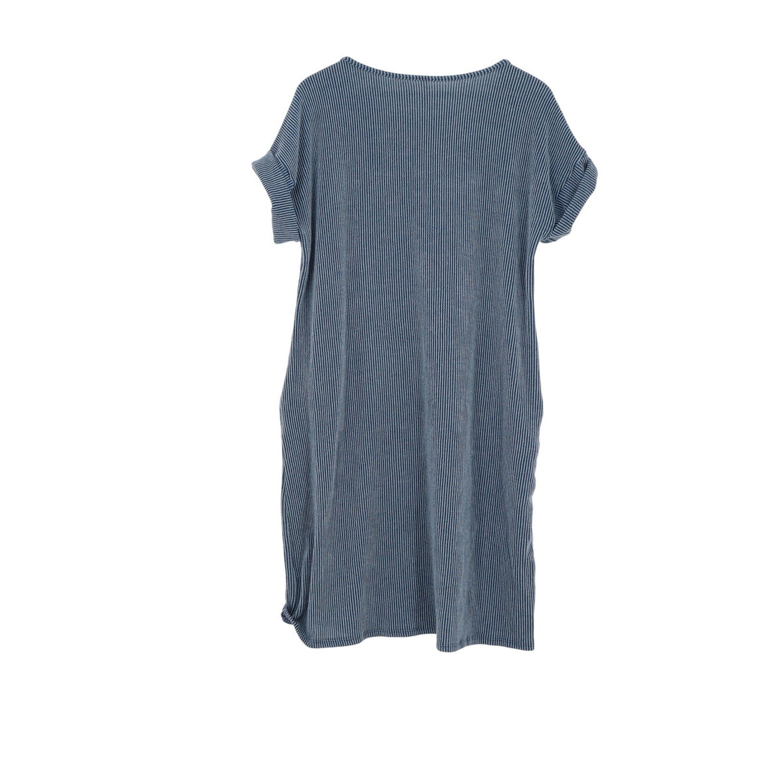 Celeste Blue Striped Ribbed Knit T-Shirt Dress Medium Pocket Shift USA