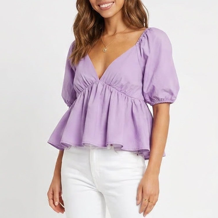 Idem Ditto Puff Sleeve Peplum Top Lavender Purple V-Neck Smocked Back Large