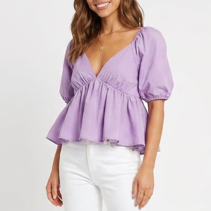 Idem Ditto Puff Sleeve Peplum Top Lavender Purple V-Neck Smocked Back Large