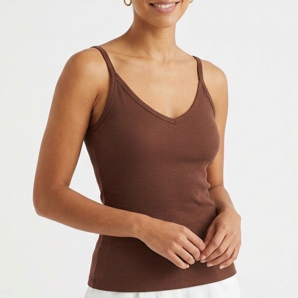 Brown Ribbed V-Neck Camisole Tank Top Style 970 Slim Fit Small