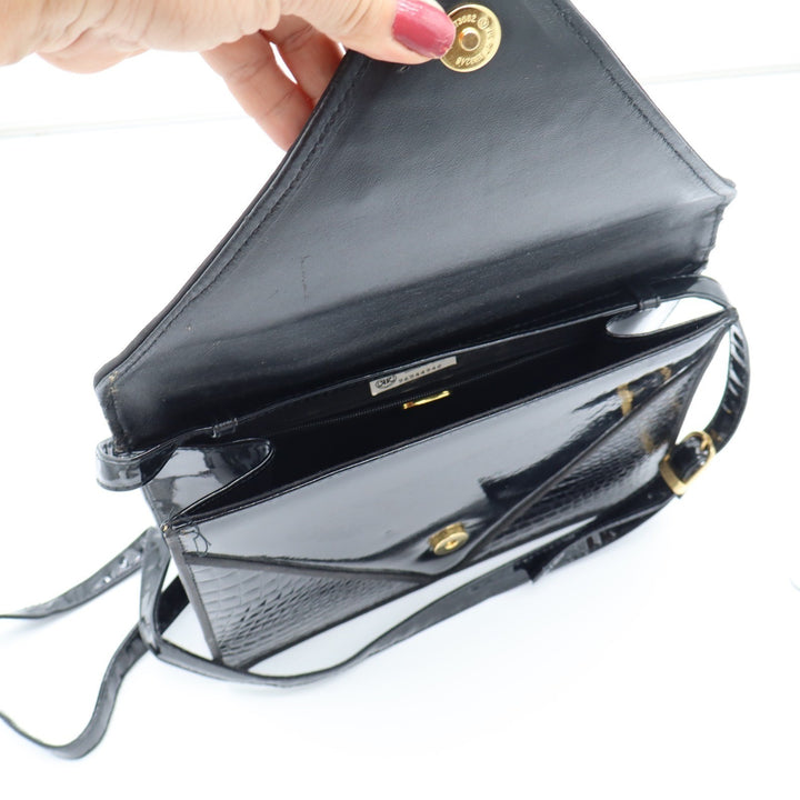 Ande Shoulder Bag Womens OS Vintage Patent Croc Embossed Black Envelope