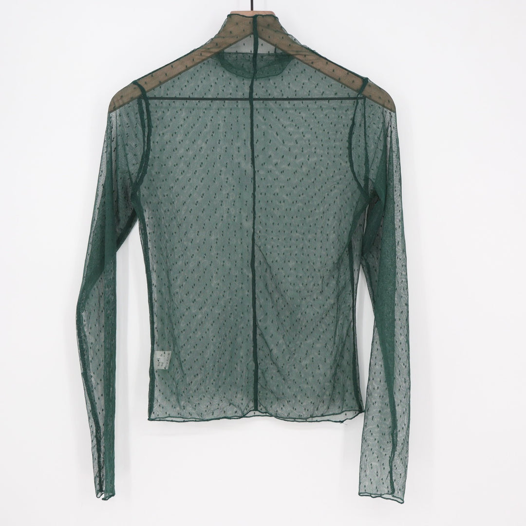 T-Shirt Womens Large Green Mesh Sheer Stretch Long Sleeve Mock Neck Pullover