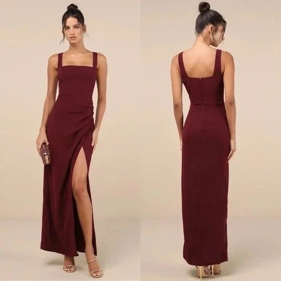Lulus Rust Red Midi Dress Ruched Bodycon Tank Sleeveless Party Cocktail L