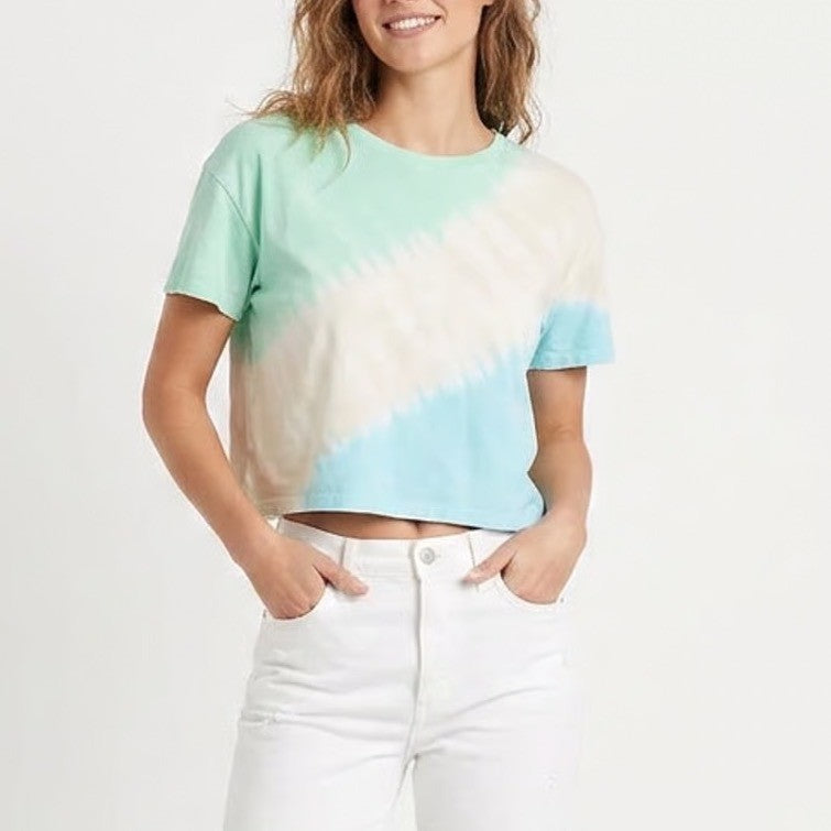 Old Navy Womens Tie Dye Crop Tee Green Blue Cream Short Sleeve Size M