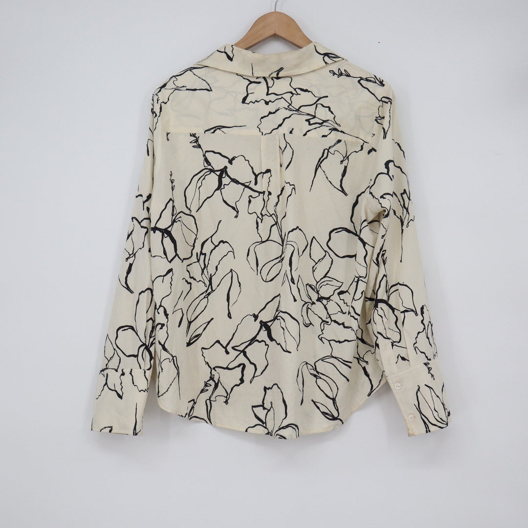 Lulus Cream Black Floral Line Art Button Up Blouse Long Sleeve Large 10814