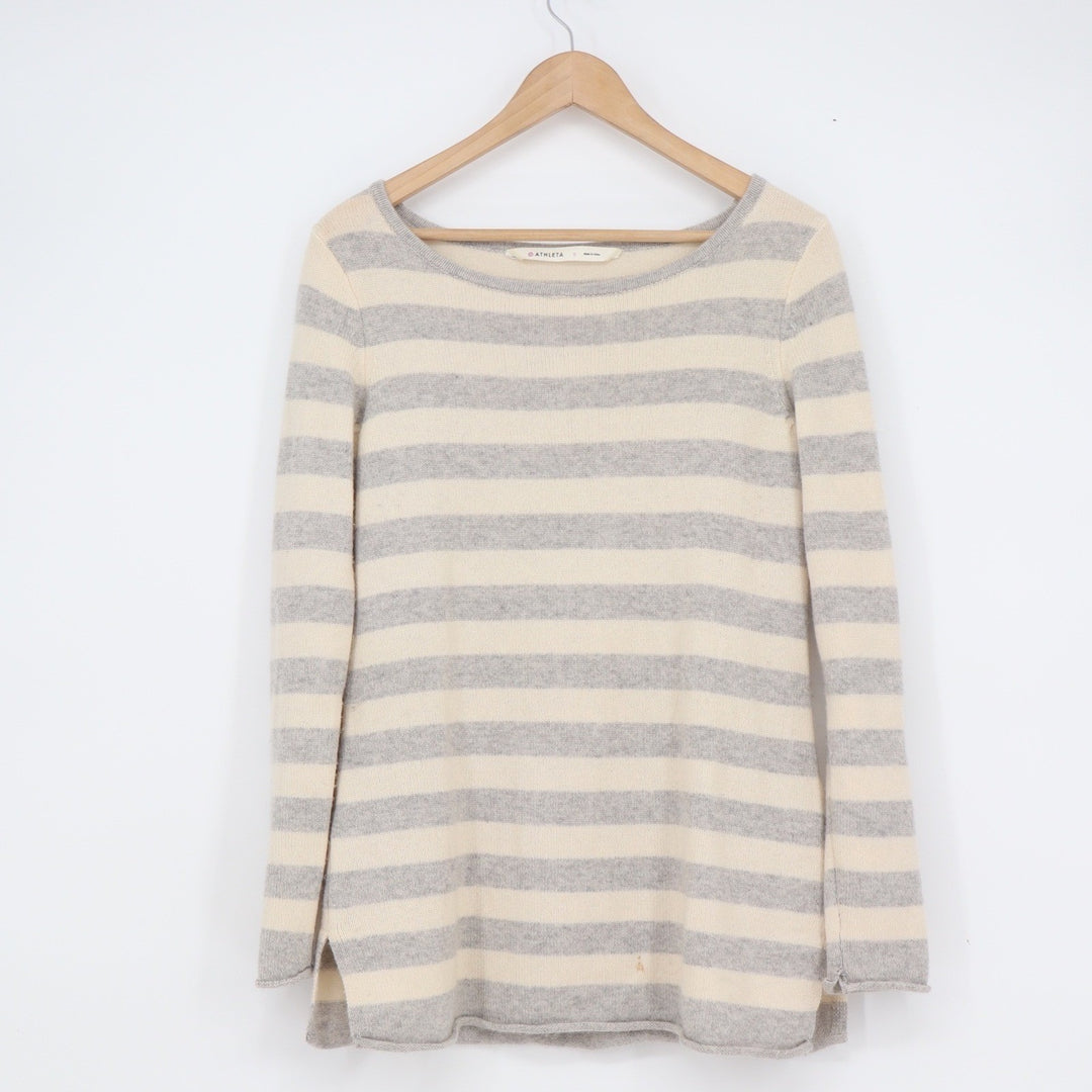 Athleta Womens 100% Cashmere Striped Boat Neck Sweater Grey Cream Small