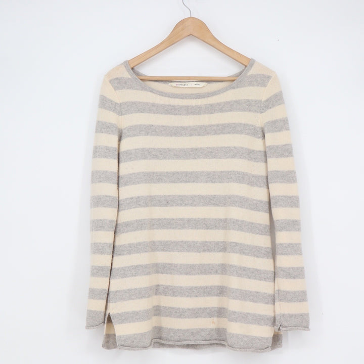 Athleta Womens 100% Cashmere Striped Boat Neck Sweater Grey Cream Small