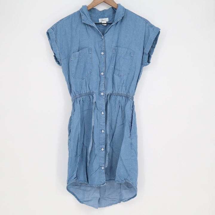 Japna Shirt Dress Women M Blue Denim Short Sleeve Spread Collar Drawstring Waist