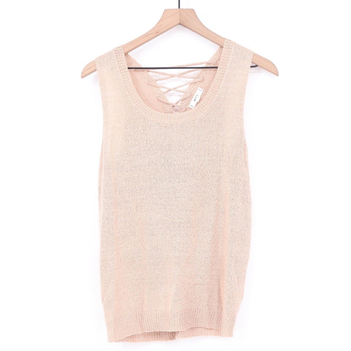 MINE Peach Lace Up Back Sleeveless Open Knit Sweater Vest Size L