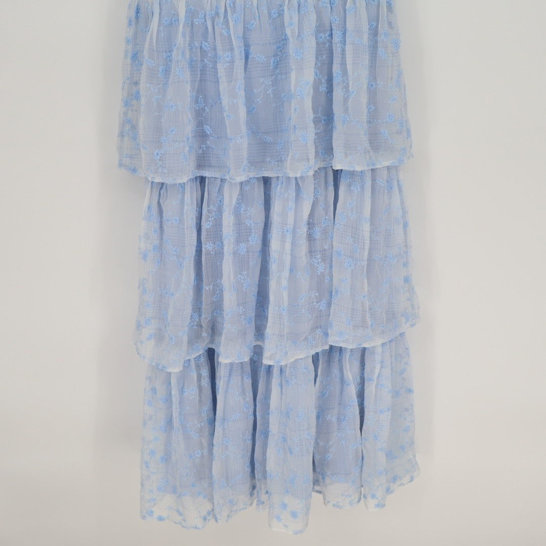 Lulus Vineyard Visit Midi Dress Womens Medium Blue Embroidered Tie-Strap Tiered