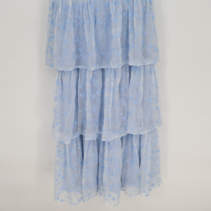 Lulus Vineyard Visit Midi Dress Womens Medium Blue Embroidered Tie-Strap Tiered