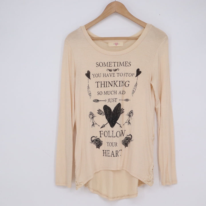 Blushed Womens Follow Your Heart Graphic Long Sleeve Top Cream Lace Trim S