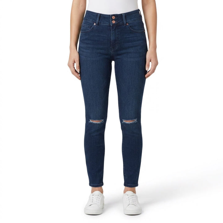 Express Skinny High Rise 4-Way Hyper Stretch Dark Wash Distressed Jeans 12R