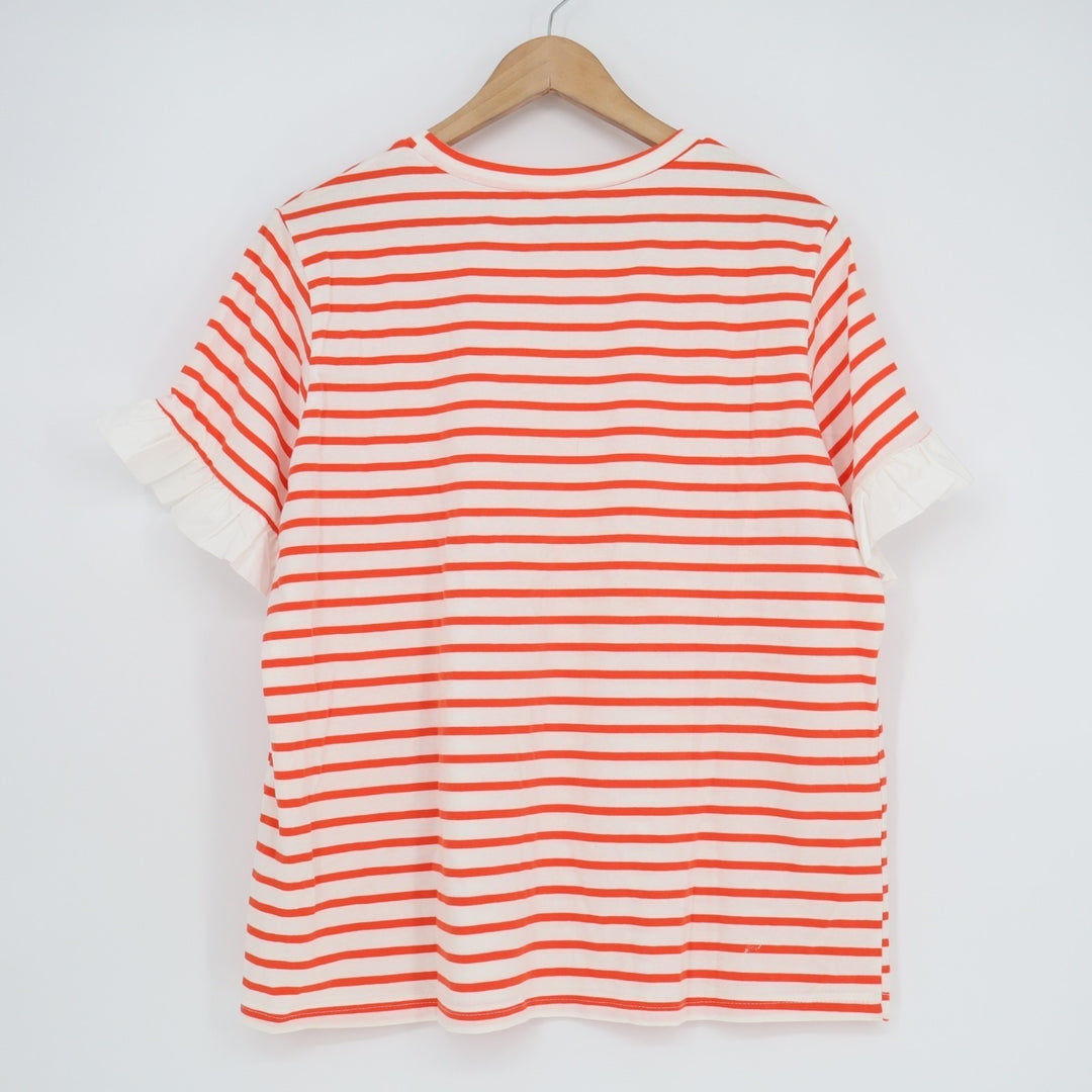 Tankaneo T-Shirt Womens Large Orange White Striped Cotton Stretch Ruffle Sleeve