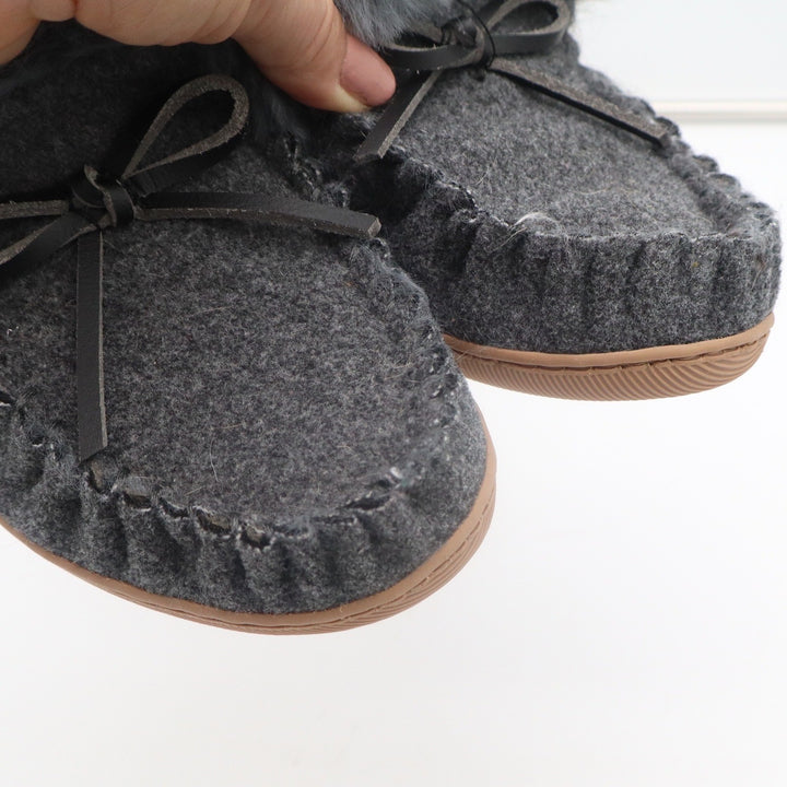 J.Crew Womens Moccasin Slippers Gray Wool Faux Fur Trim Bow Size 8 House Shoes