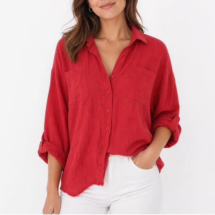Womens Red Textured Gauze Button Up Roll Tab Sleeve Shirt Large Pockets
